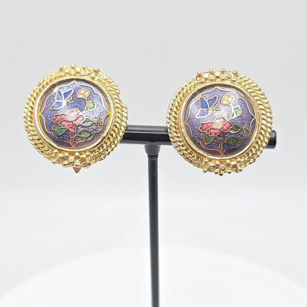 Vtg Cloisonne Butterfly Flower Earrings Purple Red Gold Tone Leaf Disc Clip-Ons